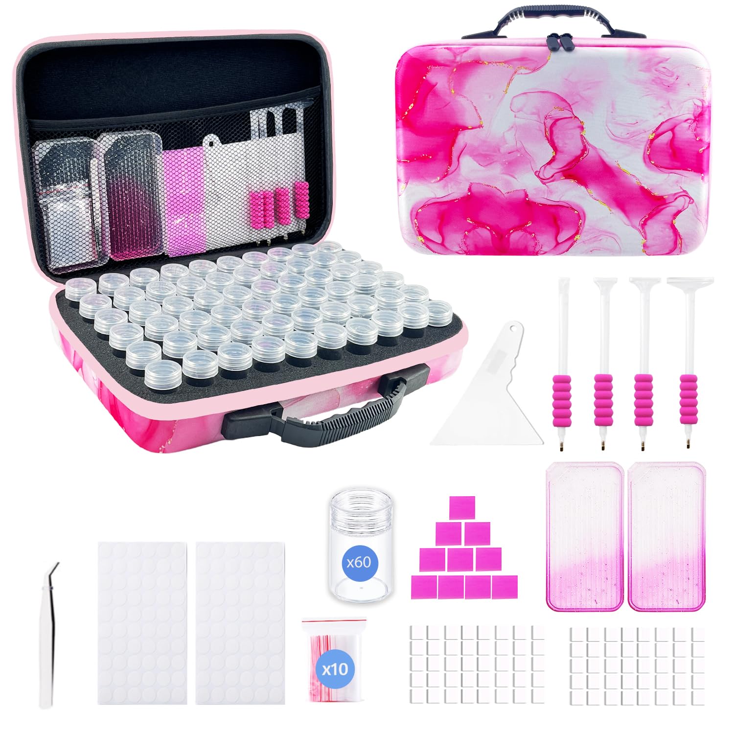 SuSentak Diamond Art Storage Containers with Dot Drill Tools,60 Slots Bead Organizer Case for 5D DIY Art Kits, Portable Craft Box for Diamond Painting