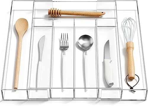 1 Paquete Organizador Expandible para Cajón de Cocina Organizador de Utensilios de Acrílico Transparente Almacenamiento de Cubiertos de Acrílico