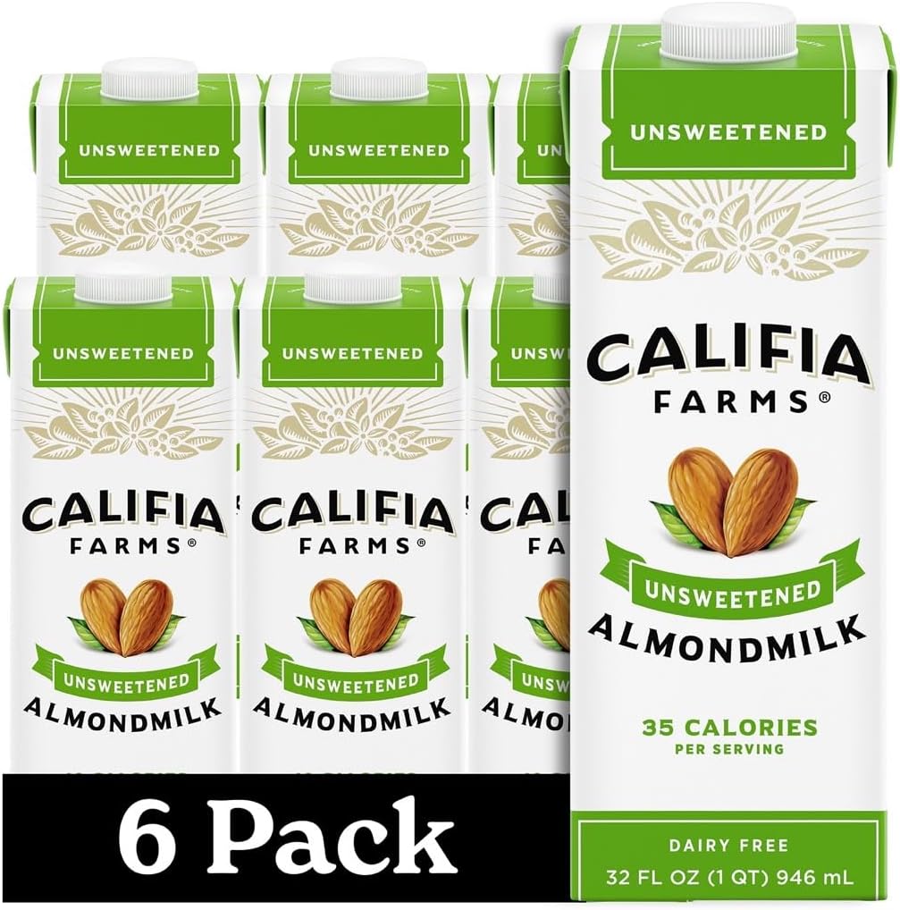 Unsweetened Almond Milk, 32 Oz (Pack of 6), Dairy Free, Vegan, Plant Based, Keto Food, Shelf Stable, Vegan, Gluten Free, Non GMO, Sugar Free, High Calcium, Smoothie