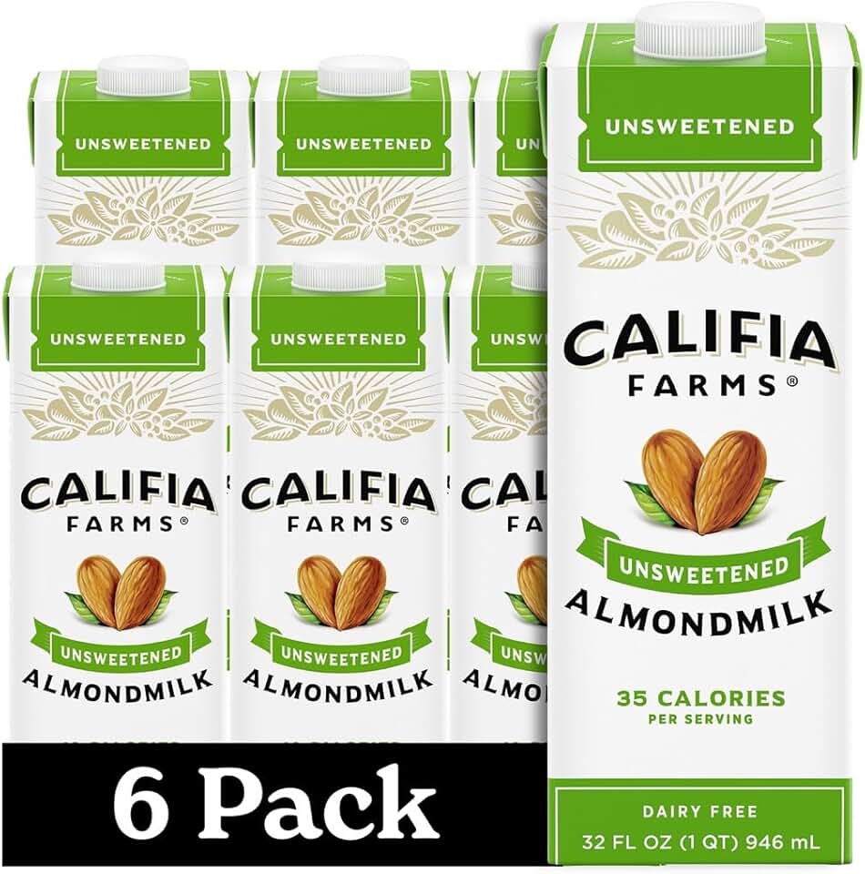 Califia Farms Unsweetened Almond Milk, 32 Oz (Pack of 6), Dairy Free, Vegan, Plant Based, Keto Food, Shelf Stable, Vegan, Gluten Free, Non GMO, Sugar Free, High Calcium, Smoothie
