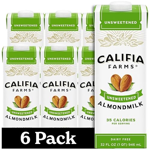 Califia Farms - Leche de almendras sin azúcar, 32 onzas (paquete de 6), sin lácteos, vegana, a base de plantas, ceto, estable en estantes, vegano,