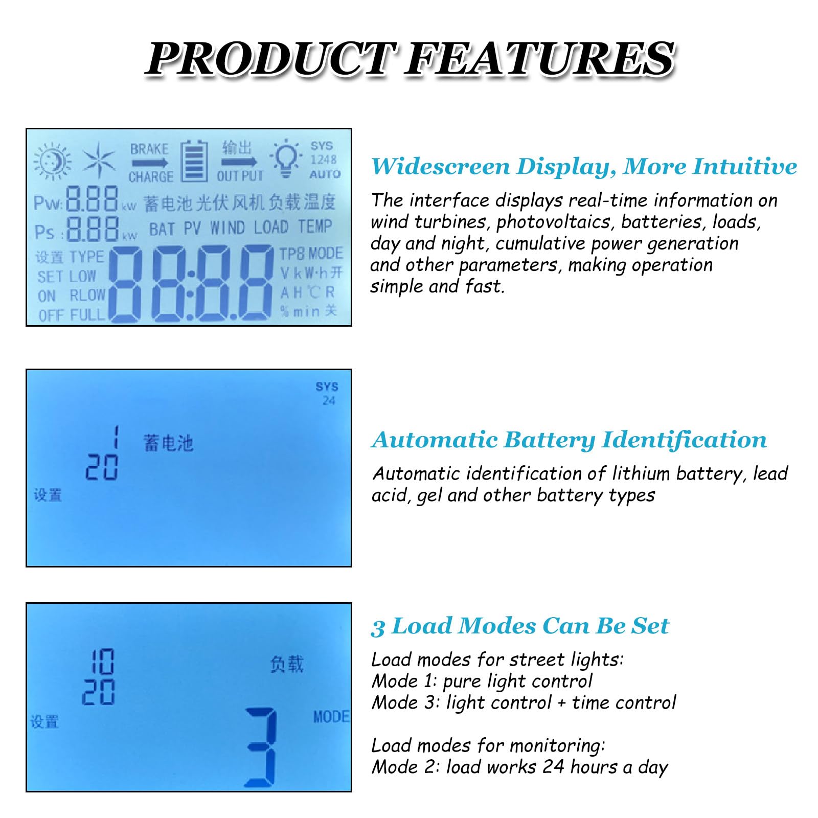 18000W 12V/24V/48V Hybrydowy Regulator Ładowania Wiatrowego i Słonecznego, Kontroler MPPT z Automatycznym Rozpoznaniem Off Grid i Ekranem LCD,24V