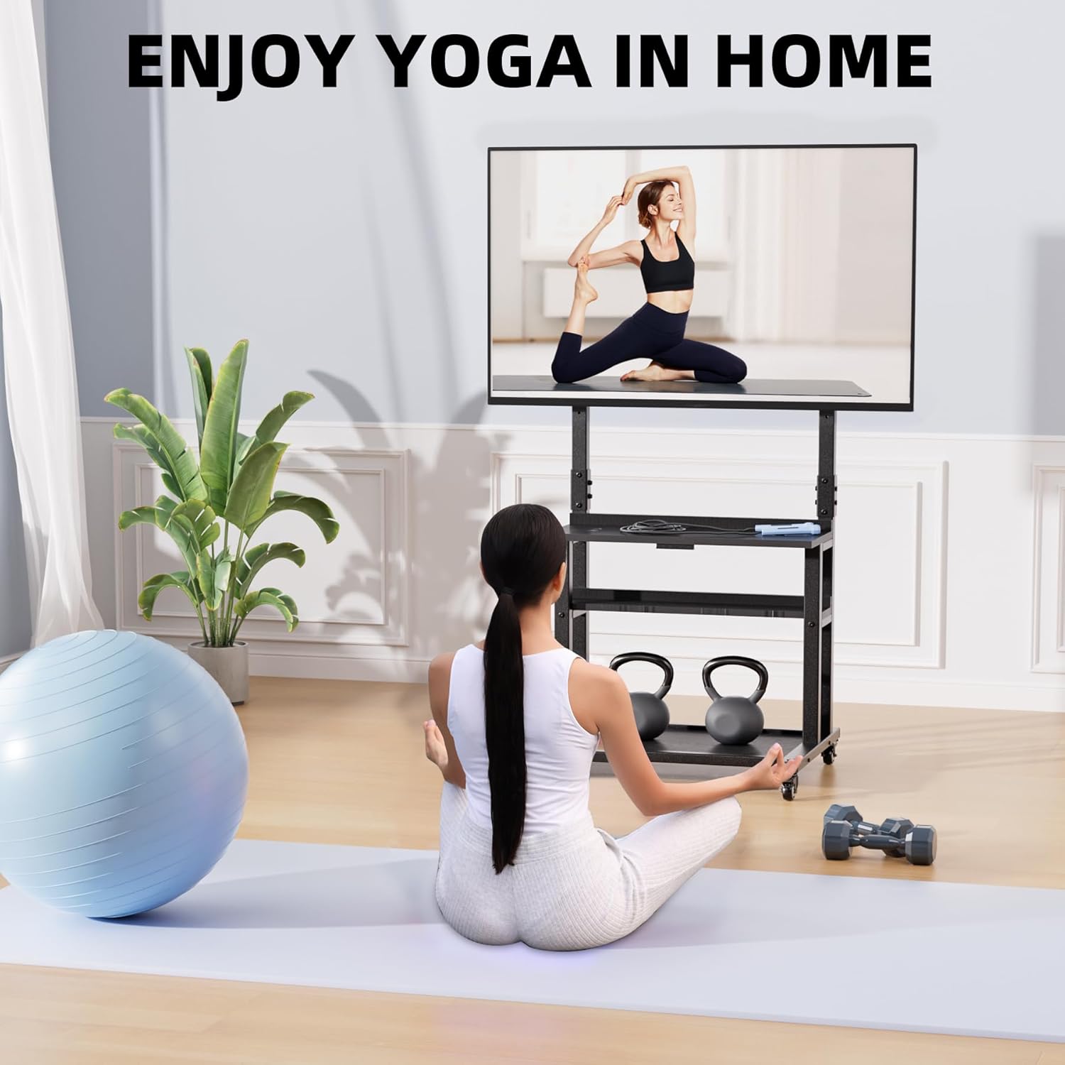 Rolling TV Stand with Large Storage and Foldable Table, Mobile TV Stand on Wheels for 32-75 inch TVs, Height Adjustable Entertainment Center for Outdoor, Bedroom, Living Room, Office