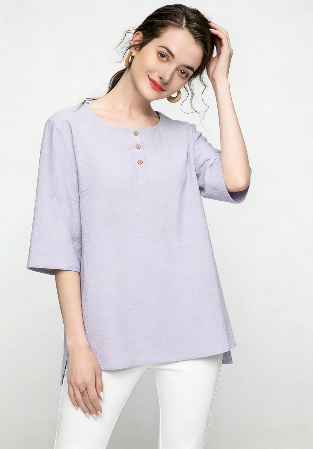 Minibee Women's 3/4 Sleeve Cotton Linen Jacquard Blouses Top T-Shirt - Image 2