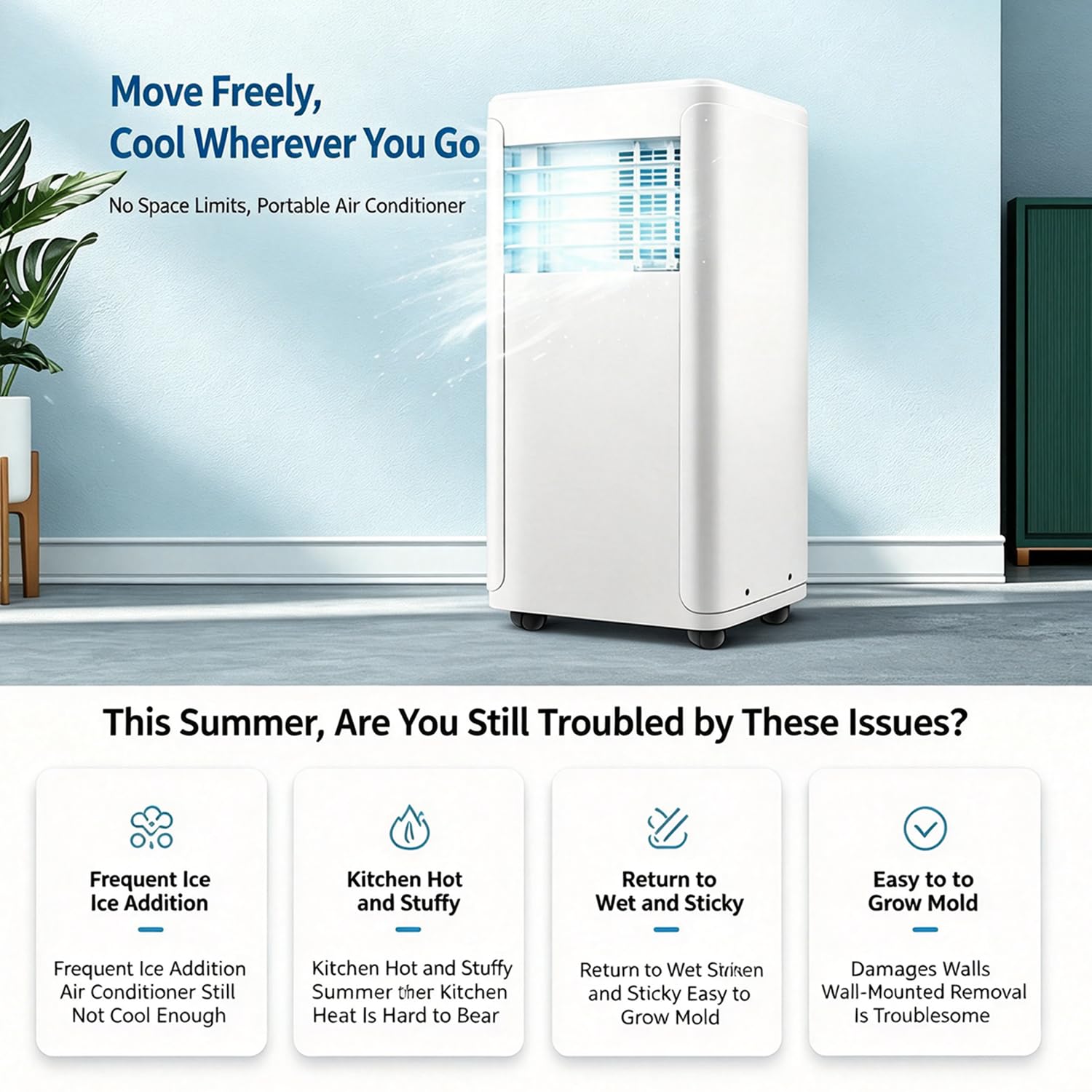 Climatiseur portable 3 en 1 de 14 000 BTU avec télécommande, minuterie 24 h et kit de ventilation pour fenêtre. Unité de climatisation mobile puissante pour la maison ou le bureau (40 m²) 14000BTU