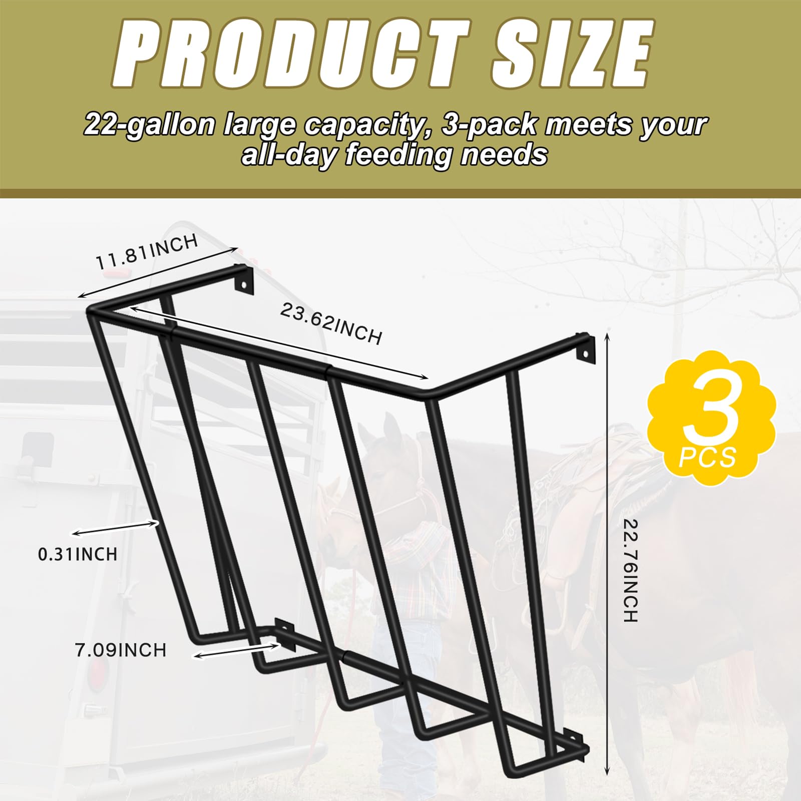Zonon 3 alimentadores de heno de montaje en pared desmontable para heno de cabra de 23.6 x 22.7 x 11.8 pulgadas, soporte de heno de múltiples lados, suministros de alimentación de caballos resistentes