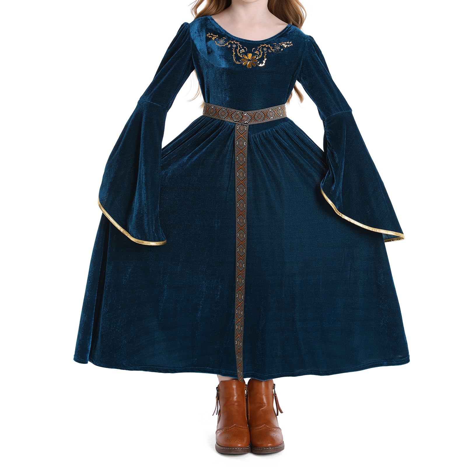 IBAKOM Girls Princess Dress Medieval Renaissance Cosplay Costume Retro Velvet Dress Kids Royal Fancy Dress Up with Belt Blue 6-7 Years - Image 3