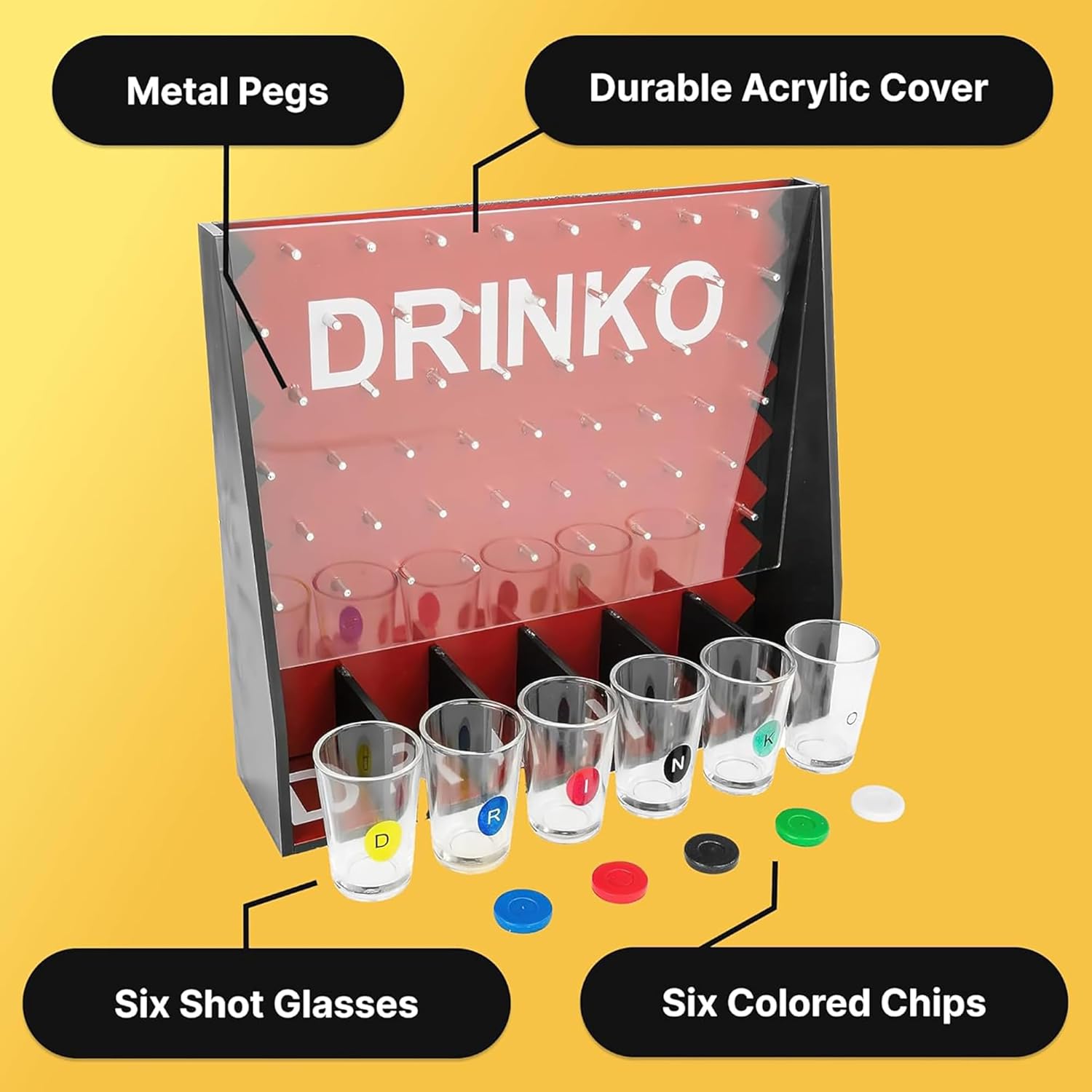 Fairly Odd Novelties DRINKO Drinking Game - Social Shot Glass Party Fun for Groups & Couples - Multicolor, Glass Shots, Durable Board with Metal Pegs - The Ultimate Party Starter!