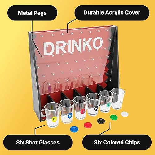 Miniatura 3 de Fairly Odd Novelties Juego de beber DRINKO - Diversión social en grupo y en pareja con vasos de chupito, multicolor, vasos de vidrio, tablero