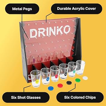 Fairly Odd Novelties DRINKO Drinking Game - Social Shot Glass Party Fun for Groups & Couples - Multicolor, Glass Shots, Durable Board with Metal Pegs - The Ultimate Party Starter!