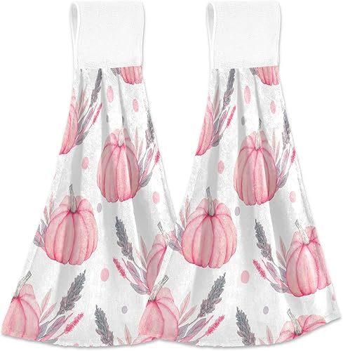 Miniatura 1 de Juego de toallas de cocina colgantes de calabazas rosas otoñales, toallas de mano suaves con bucles súper absorbentes, toallas de terciopelo coral