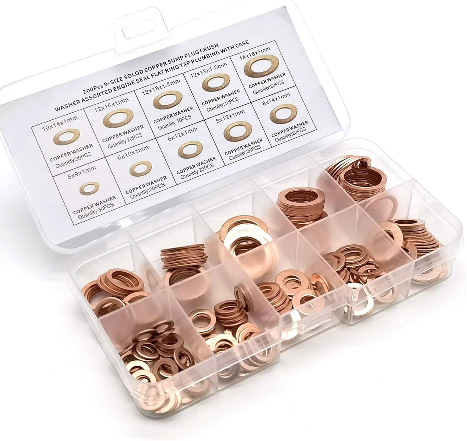 200 PCS Copper Crush Washer Kit, Flat Ring Oil Drain Plug Crush Washer Gasket Seal Assortment Kit, M5 M6 M8 M10 M12 M14 9-Size Copper Gasket, for Many Types of Vehicles (Gold)