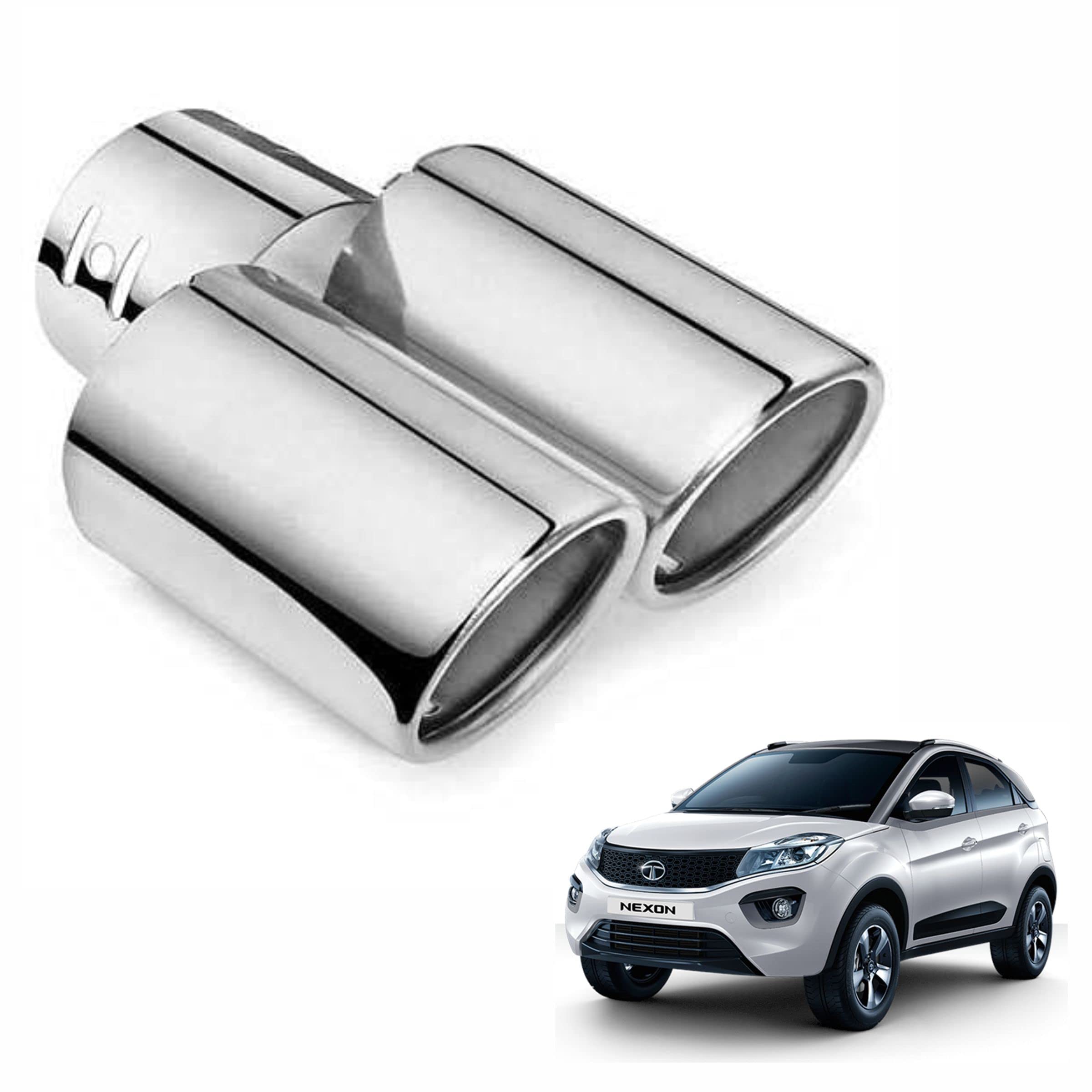 Dual Silencer Exhaust Tip Pipe Rustproof Stainless Steel Muffler Tail End Outlet 1Pcs For Tata Nexon, Silver
