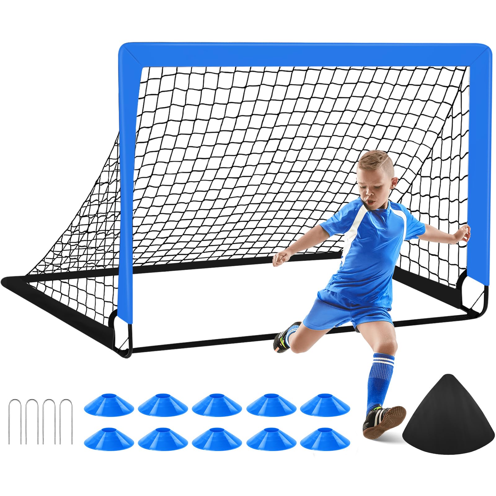 Soccer Goal of 4X3 FT for Backyard, Portable Football Goal Training Equipment with 10 Football Cones, Carry Bag, Practice Net for Youth Games, Sports - Blue