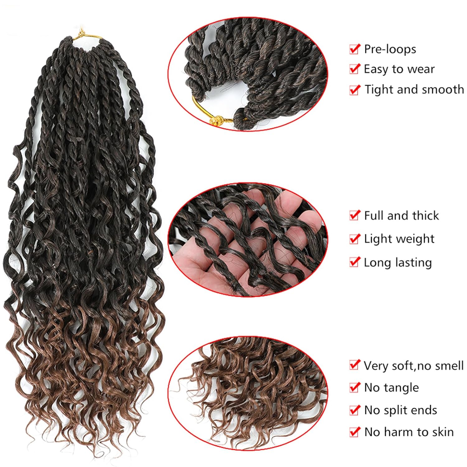 Goddess Twist Braids Crochet Hair With Curly Ends Senegalese Twist Braids Crochet Braids 6 Packs ombre dark brown Crochet Braids Synthetic Braiding Hair Extension for Black Women (18inch, T30)