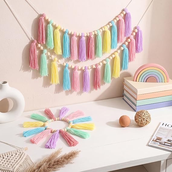 Zeyune 3 Pcs Boho Garland Pastel Rainbow Wood Beads Classroom Decor