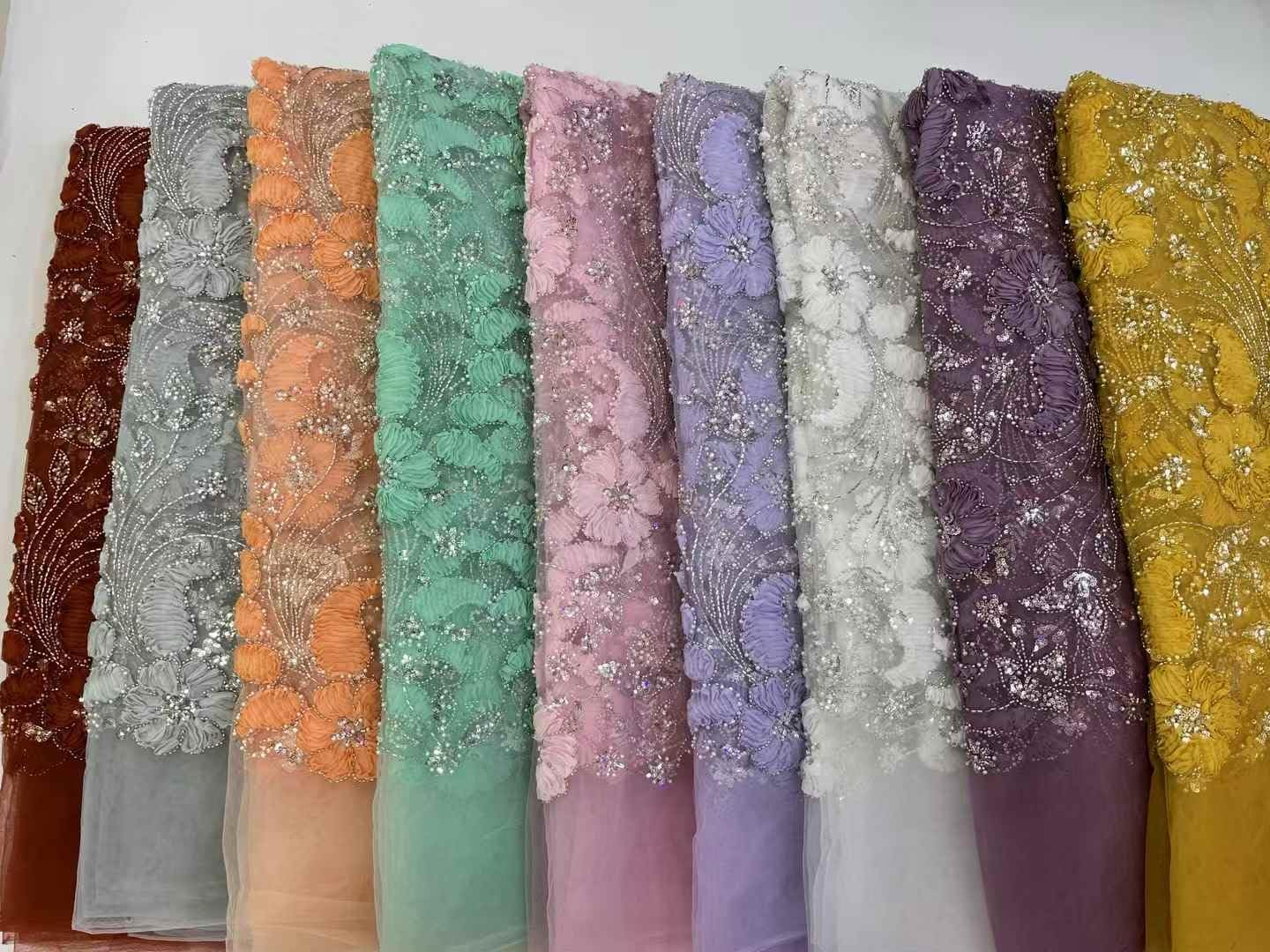 3D Applique French Tulle Lace Fabric with Pearl Beads and Sequins Ideal for Wedding Dresses Bridal Gowns and Evening Dresses (Lilac,5 Yards)