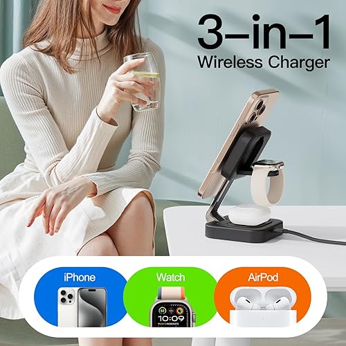 Miniatura 9 de RYND Estación de carga rápida inalámbrica Mag-Safe 2025, cargador magnético 3 en 1 con iPhone 17, 16, 15, 14, 13, 12 Pro Max, serie Apple Watch y