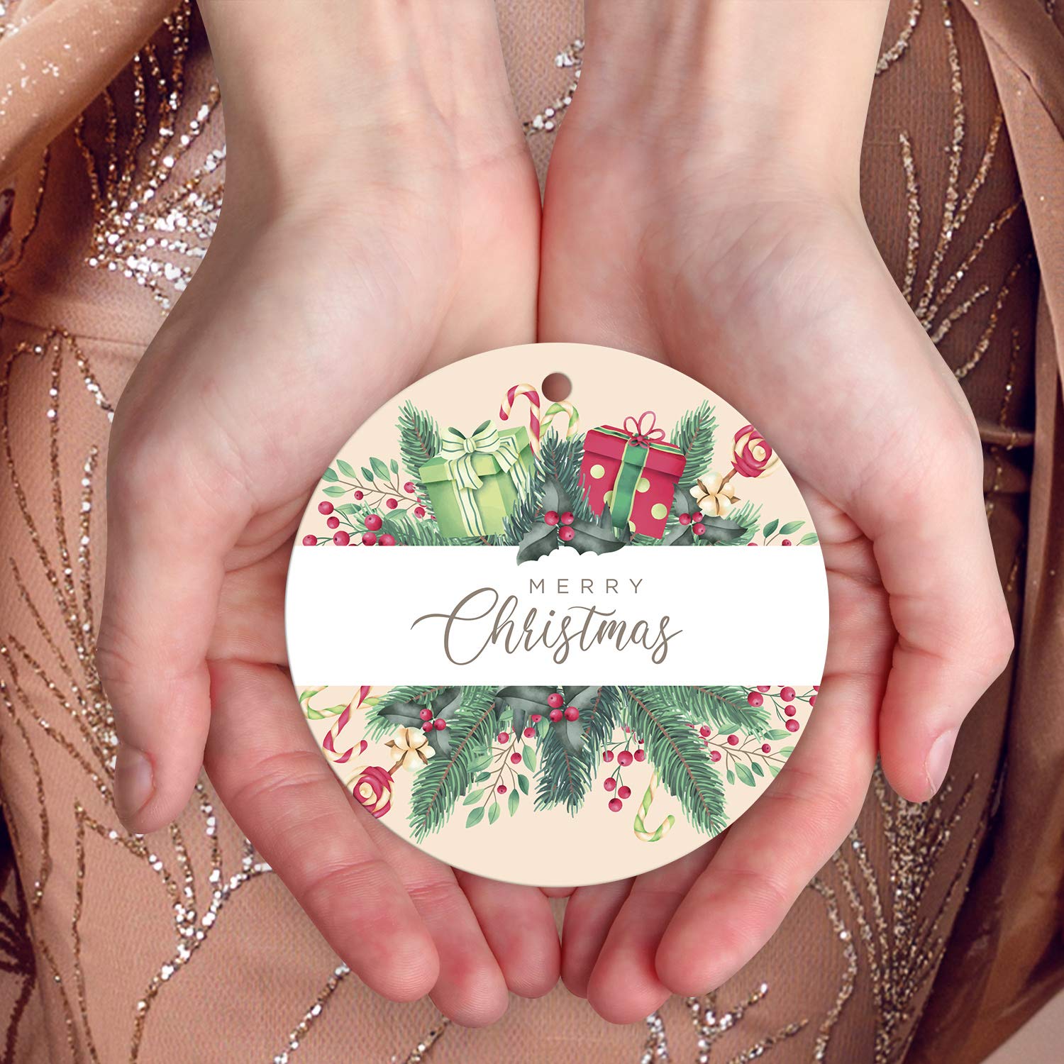 Soul Décor Christmas Tree Ornament, Merry Christmas Ornaments, Large 3.75" Round Metal Ornament, Velvet Pouch Included