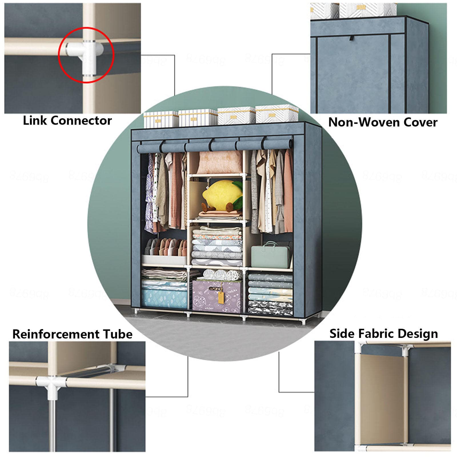 Kleiderschrank, tragbarer Kleiderschrank aus Segeltuch, Stoff-Kleiderschrank, Aufbewahrungsorganisator mit Kleiderstange, Regale, für Schlafzimmer, Wohnzimmer,C-118x45x165cm