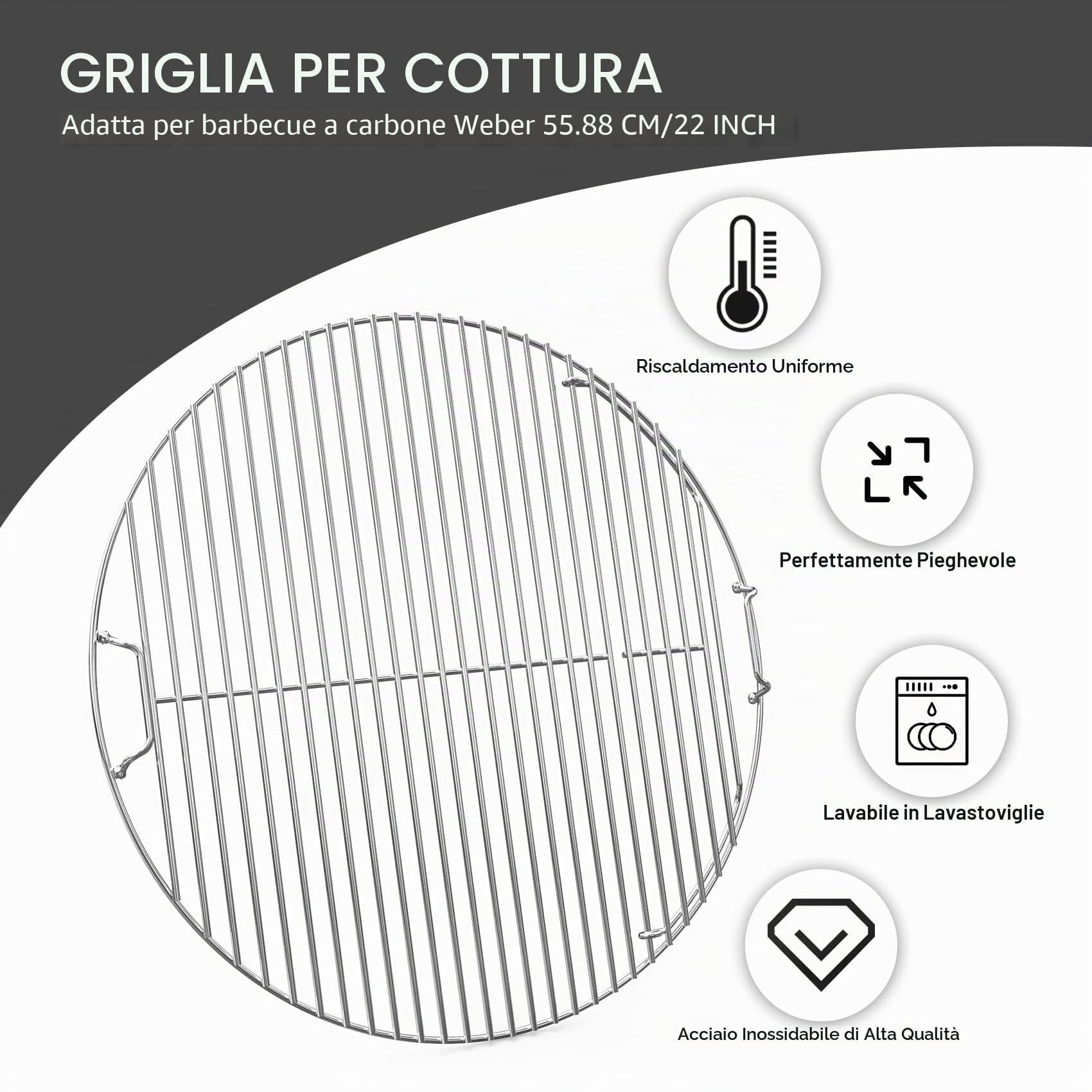 onlyfire Griglia di Cottura in Acciaio Inossidabile per Barbecue Weber 57 cm con Manico Staccabile