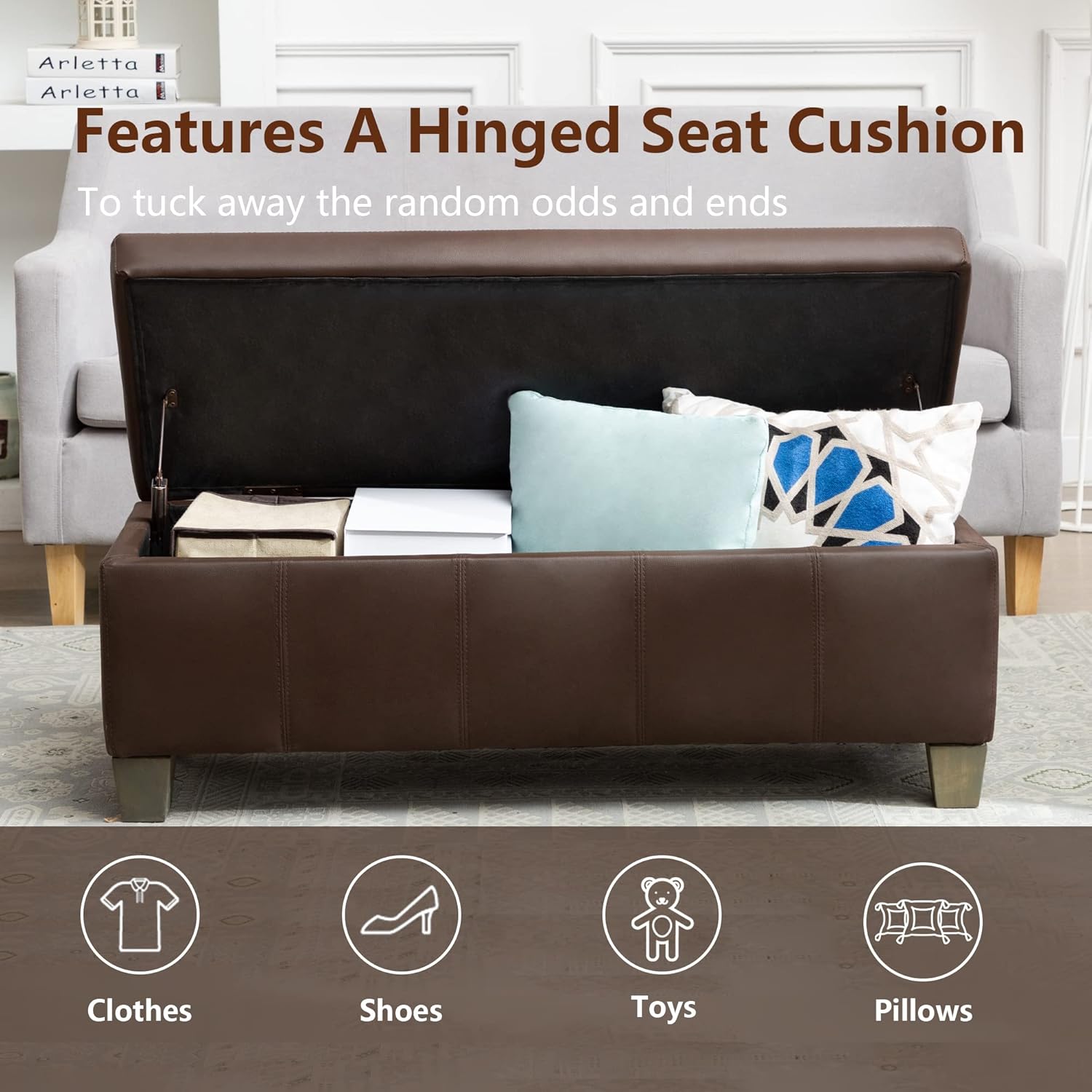41" Storage Ottoman, Storage Bench with Safety Hinge, Upholstered Synthetic Leather Ottoman Bench for Bedroom, Living Room, Entryway, Hallway, Foot Rest, Support 500lbs, Brown
