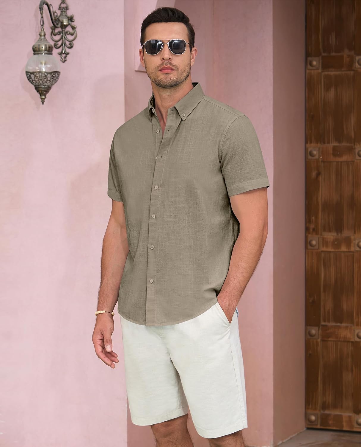 Lion Nardo Linen Shirts for Men Short Sleeve Collar Button Down Shirts Linen Dress Shirts Untucked Shirts Beach Summer Shirts
