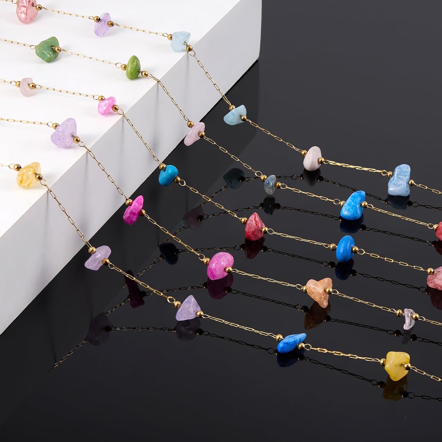 KYUNHOO 4 Meters Colorful Chains for Jewelry Making Irregular Stone Chain Links Gold Plated Stainless Steel Jewelry Roll with Lobster Clasps Jump Rings