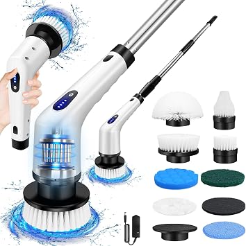 Electric Spin Scrubber, IPX7 Waterproof Bathroom Cleaning Brush, Shower Scrubber with Long Handle & 2 Speed, Cordless Electric Cleaning Brush with 9 Replaceable Brush Heads for Tub Shower Tile Floor