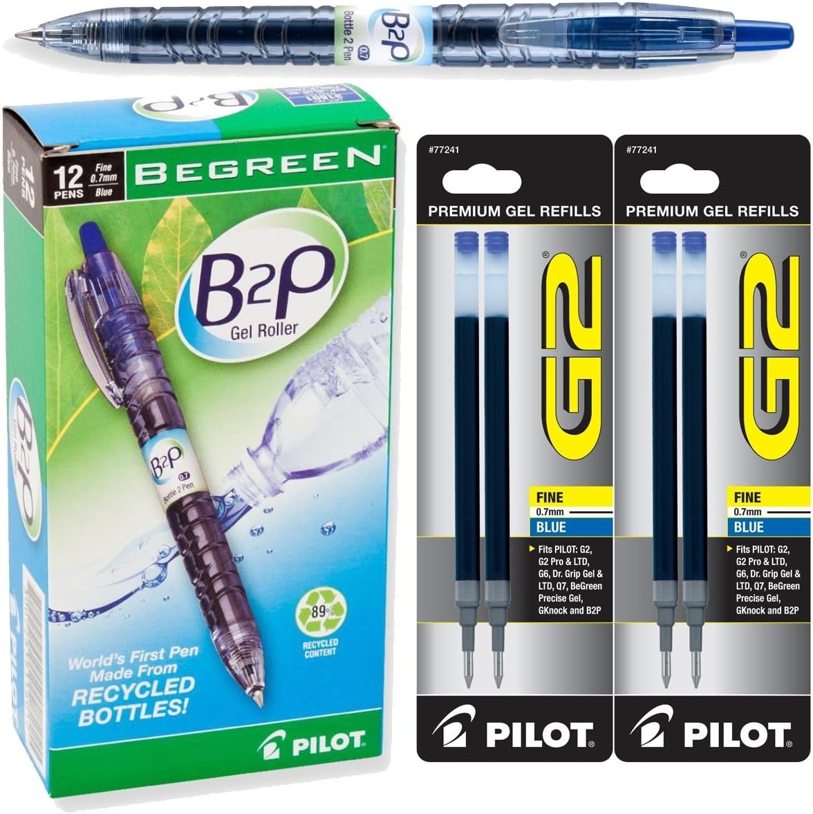 Pilot BeGreen B2P Retractable Gel Ink Pens, Fine Point, 0.7mm, Pack of 12 with Bonus Refills (Blue)