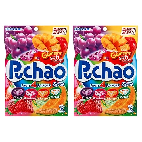 Puchao - Paquete variado de caramelos suaves japoneses, 4 frutas, sabores de soda y ramune, caramelo masticable único con jugosas gomitas, paquete
