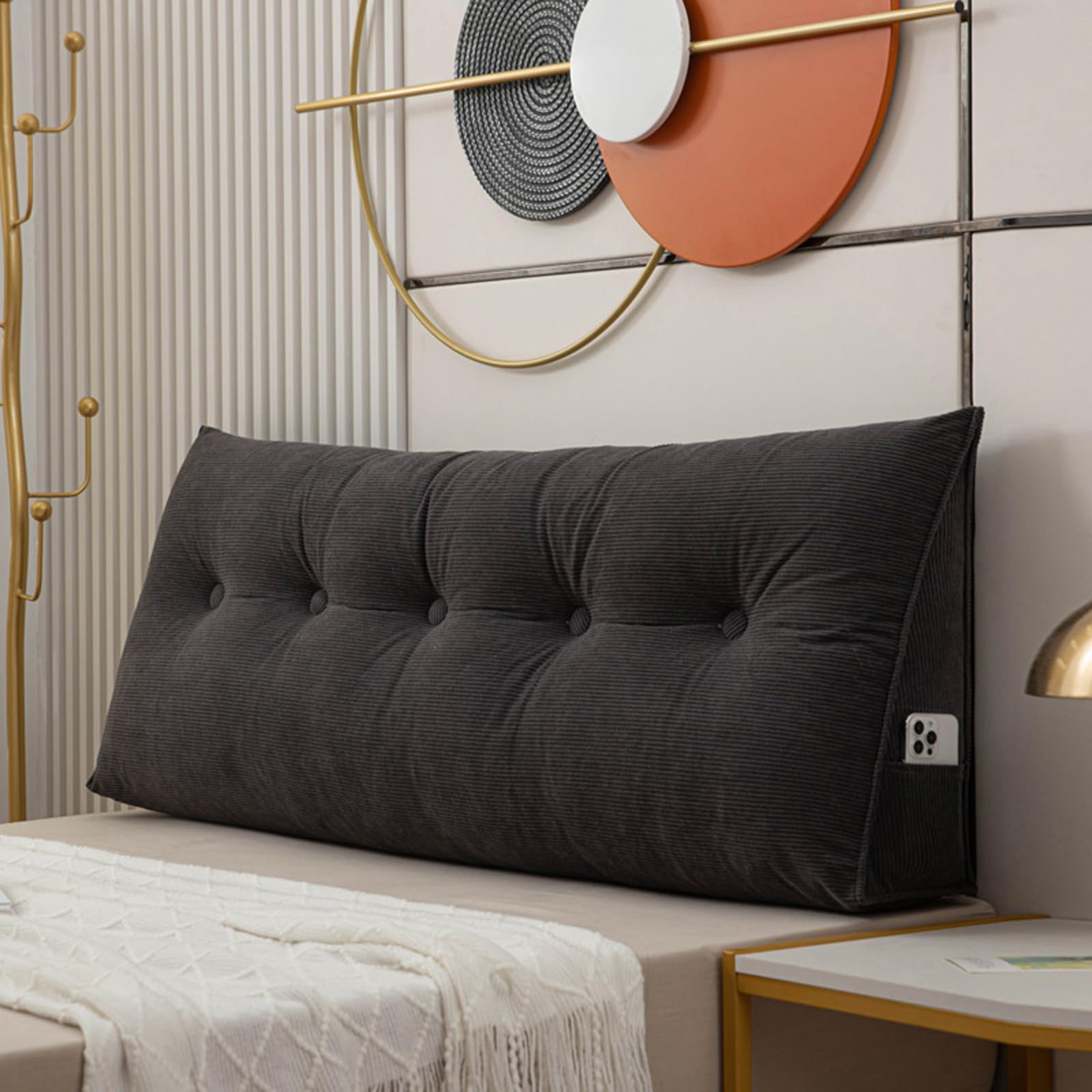 Wadser Dorm Headboard Pillow Twin, Black Wedge Bed Rest Bolster Cushion, Corduroy Positioning Support Backrest Pillow with Side Pocket