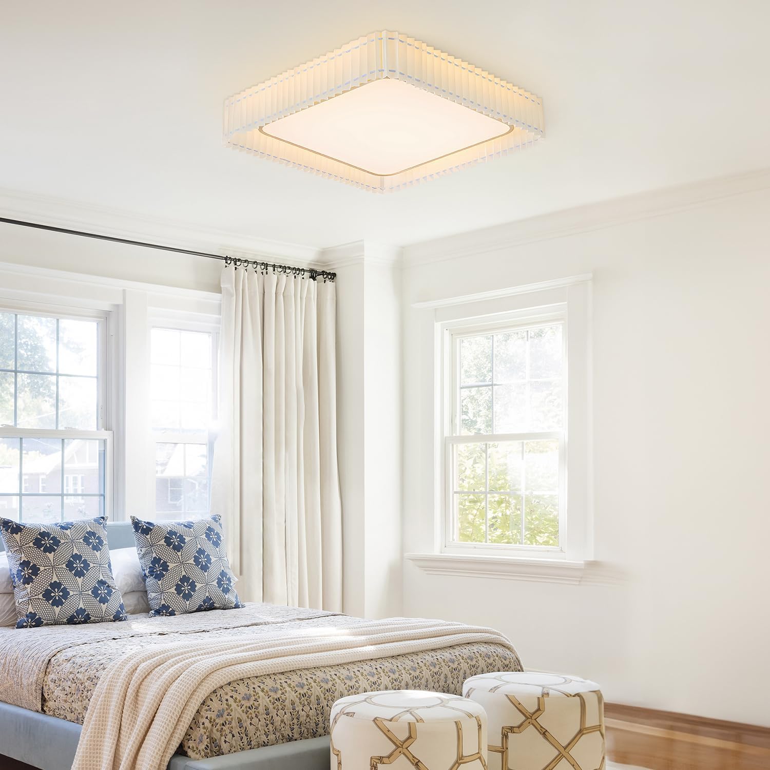 KCO Lighting Large Square LED Flush Mount Ceiling Light Vintage Pleated Ceiling Light White Fabric Semi Flush Mount Ceiling Light Mid Century Modern Gold Bathroom Ceiling Light Fixture
