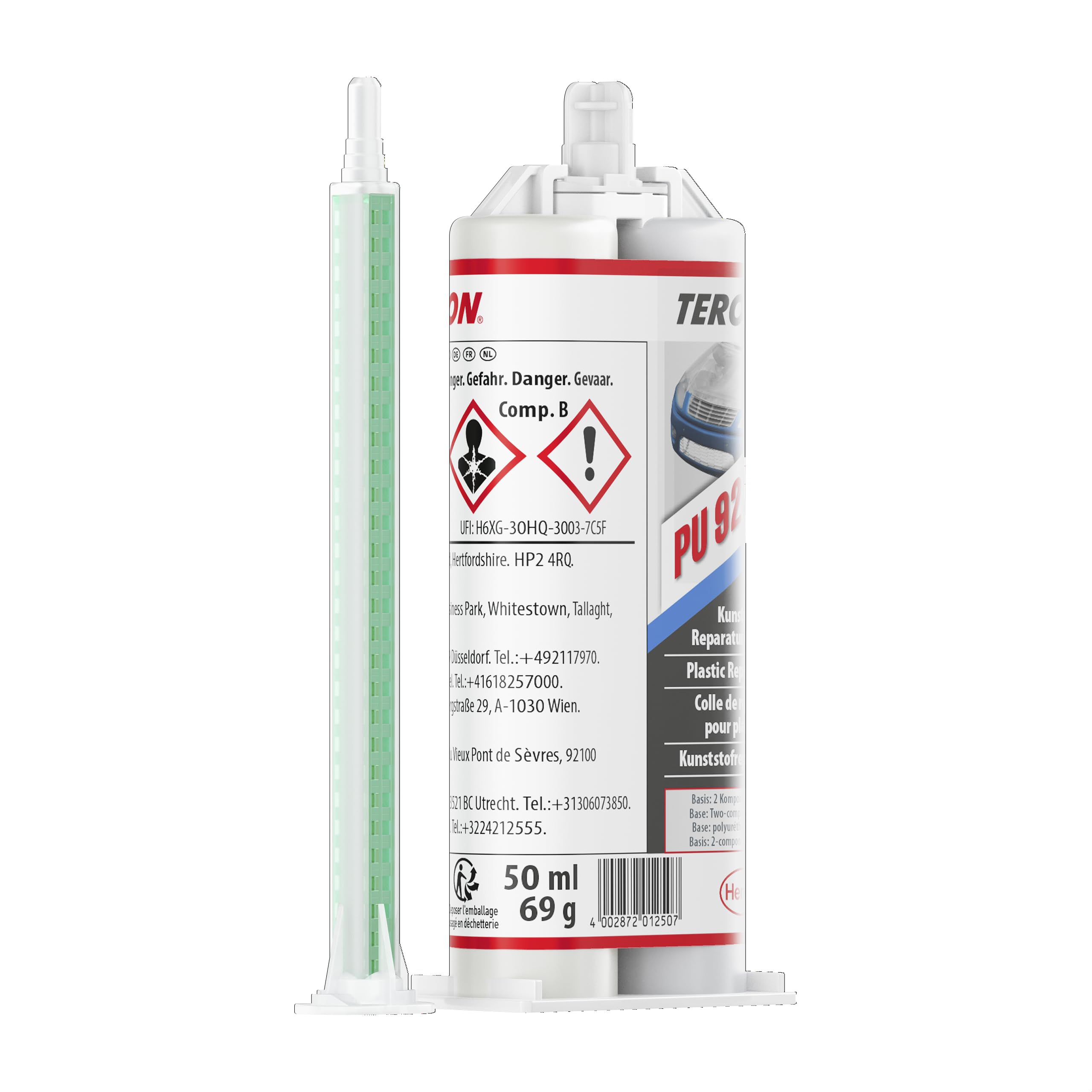 TEROSON PU 9225 UF ME (Ultra Fast Micro-émission) 50 ml colle bi composant polyuréthane, réparation plastique carrosserie voiture, prise rapide 1 min, colle pare choc et phare