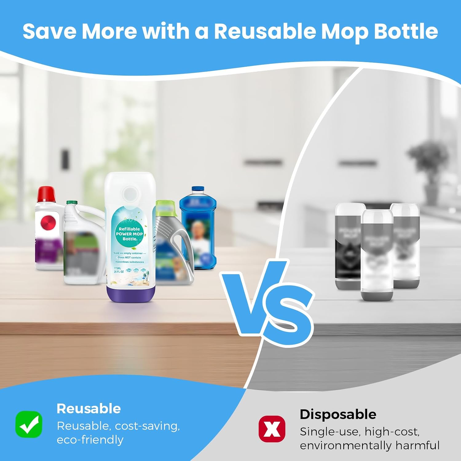 Power Mop™ Refillable Bottle for Swiffer® PowerMop™ Multi-Surface Mop, 775ML /26 FL OZ Leak-Proof HDPE Refillable Bottle Solution Powermop™ Reusable Solution Container Replacement