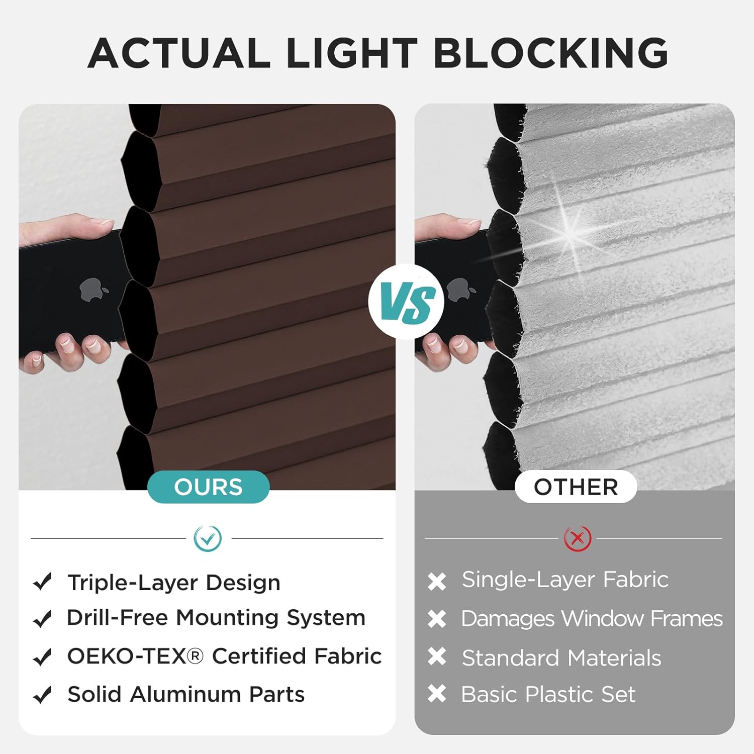 Joydeco No Tools No Drill Blinds for Indoor Windows, Cordless Window Blinds Cellular Shades Top Down Bottom Up Blackout Honeycomb Blinds Thermal Insulated Noise Reduction (Dark Brown, 46" W x 64" H)