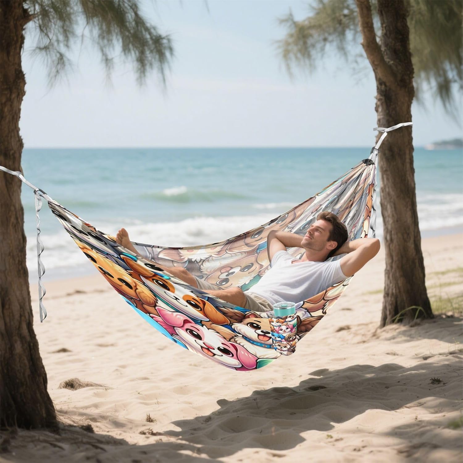 ALAZA Cute Dogs Colorful Puppy Camping Hammocks Single or 2 Person 500 lbs Portable Parachute Travel Hammock w/Tree Straps for Hiking Backpacking Indoor Outdoor