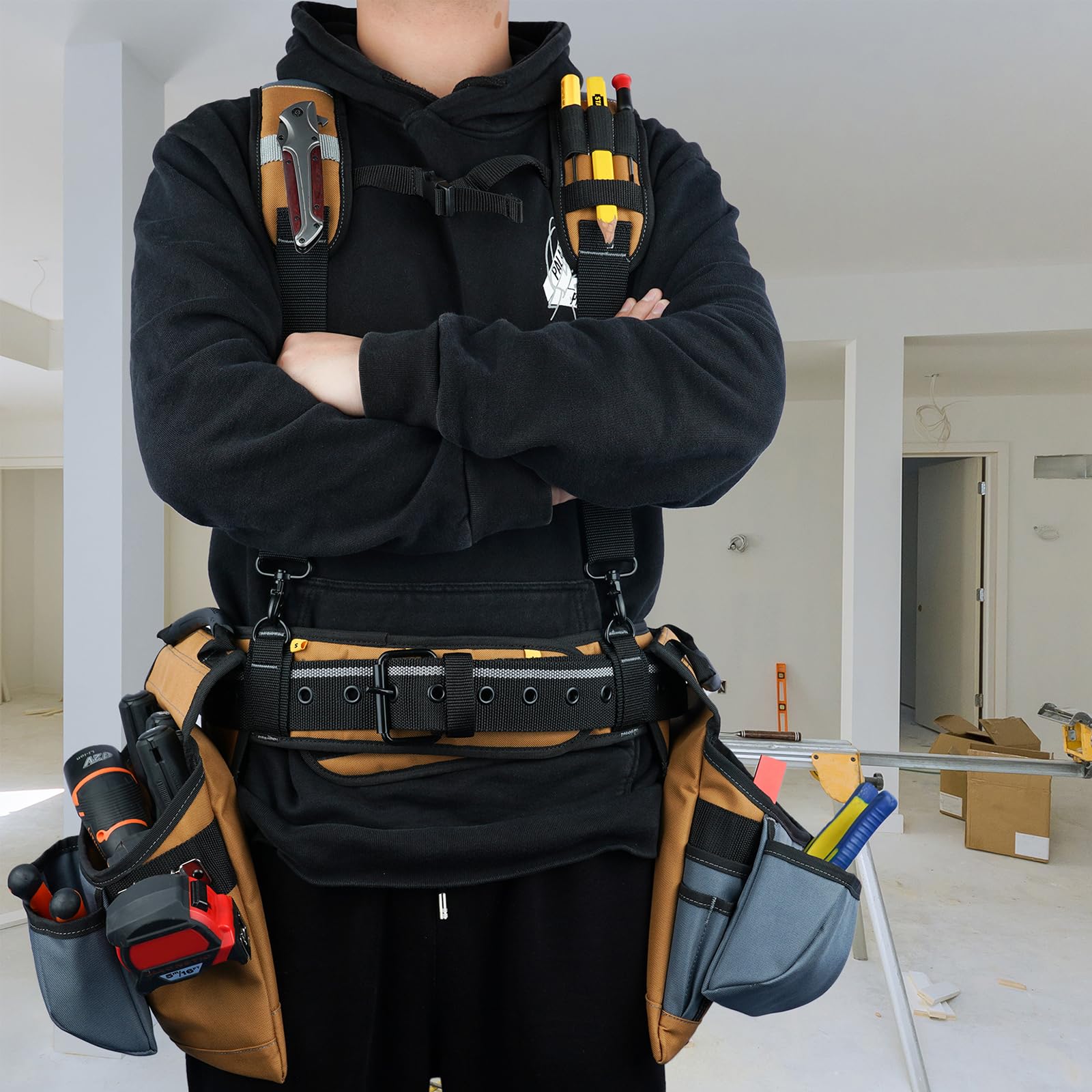 MELOTOUGH Cinturón de herramientas de carpintero con tirantes, equipo de herramientas de suspensión Pro Framer para contratistas de construcción y electricistas, color caqui