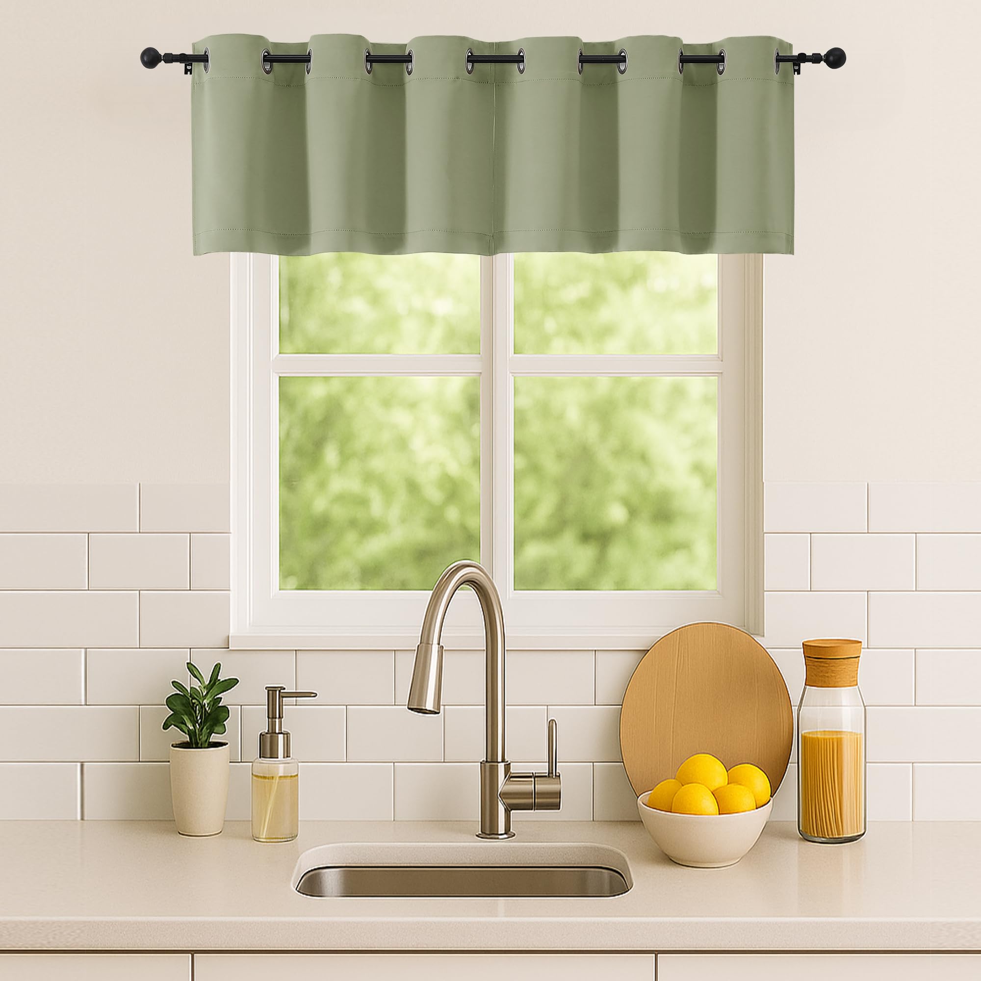 Simplebrand Sage Green Window Valance for Kitchen 14 Inches Long 2 Panels Set, Room Darkening Valance Curtains for Living Room, Grommet Short Privacy Kitchen Curtains for Bedroom Kids Room, 40Wx14L