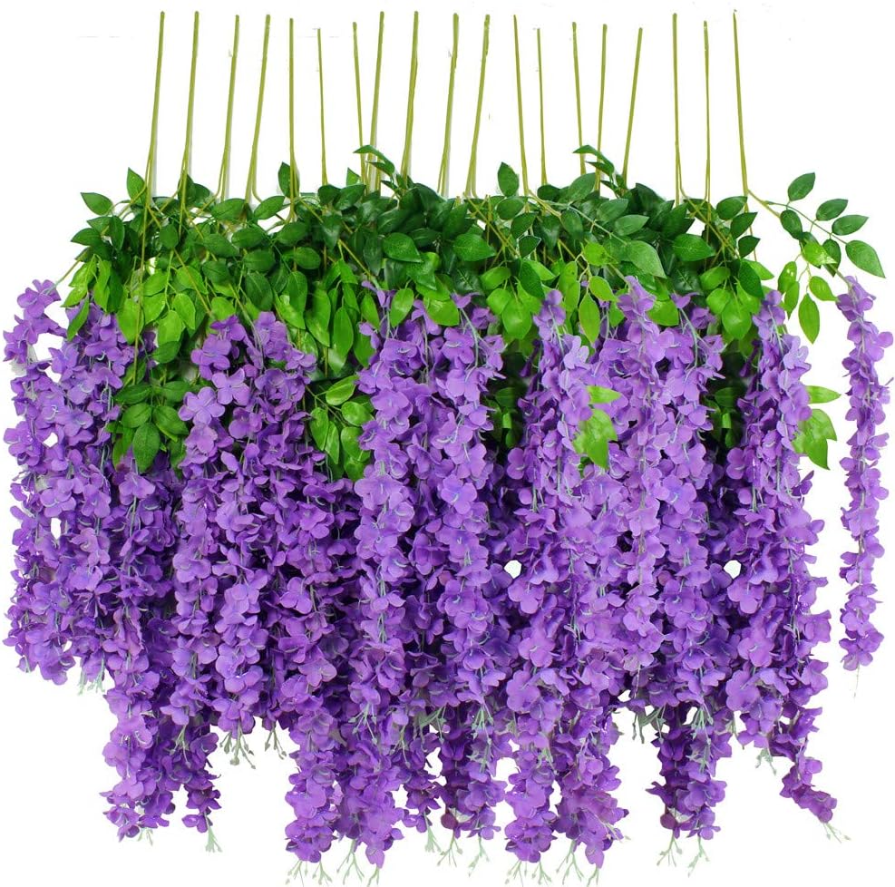 12pcs Artificial Wisteria Flowers 3.6 Feet/Piece Purple Dense Artificial Fake Wisteria Vine Ratta Hanging Garland Silk Flowers String Home Party Wedding Decor（Purple-Dense）