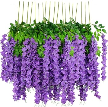 12pcs Artificial Wisteria Flowers 3.6 Feet/Piece Purple Dense Artificial Fake Wisteria Vine Ratta Hanging Garland Silk Flowers String Home Party Wedding DecorPurple-Dense