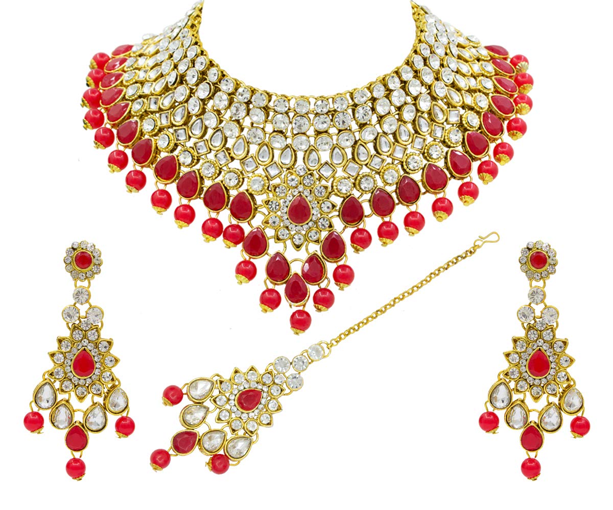 SAIYONIModish Red Polki Bridal Dulhan Gold Plated Pearl Choker Necklace Set For Women