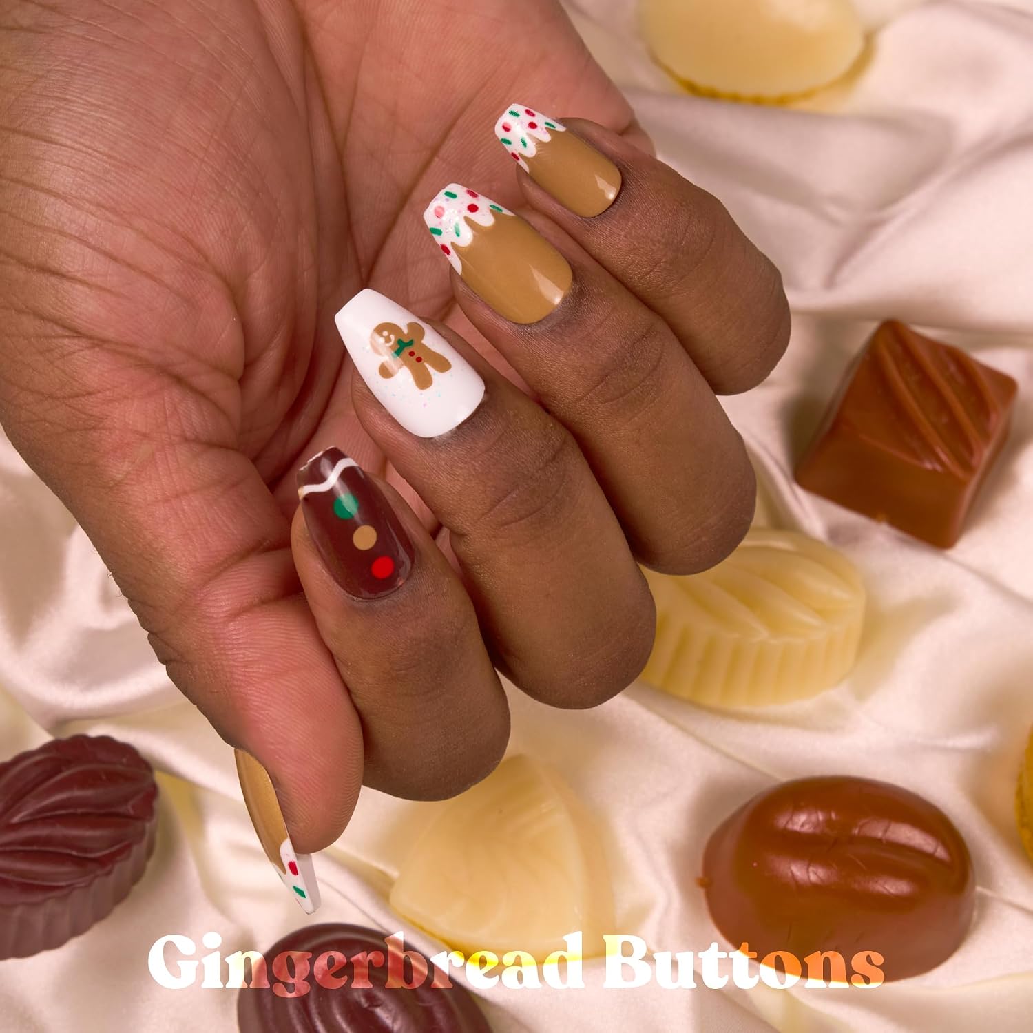 Goldfinger Holiday Limited Edition Nail Kits with Gel Glue, Christmas Art, Multiple Lengths, 6 Holiday Nail Styles, at Home Manicure Press Ons (Gingerbread Buttons)