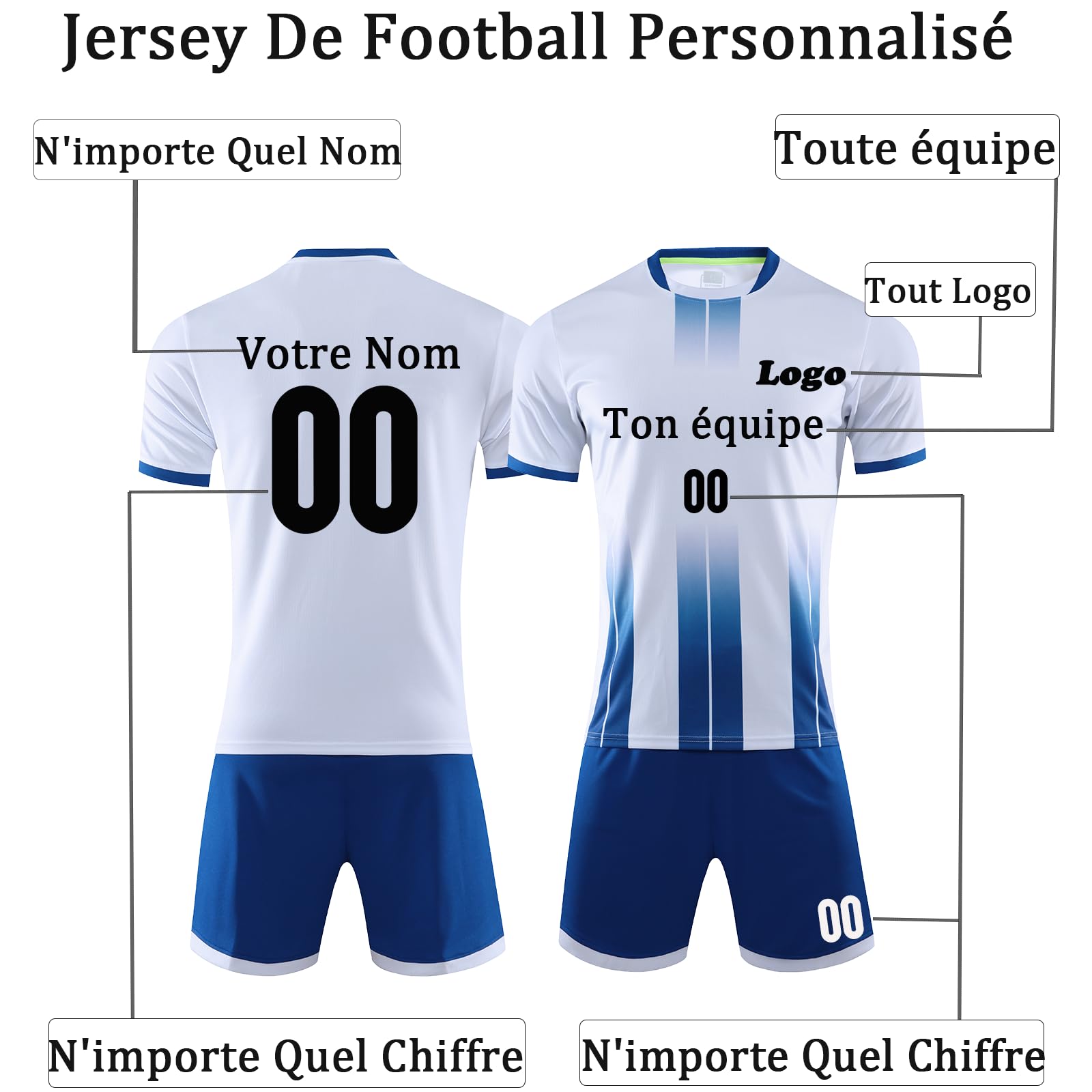 Maillot de Foot Personnalisable Maillot de Foot Enfant Personnalisé Ensemble T-Shirt Shorts 2 pièces personnalisé Nimporte Quel numéro de nom Team Logo Jersey