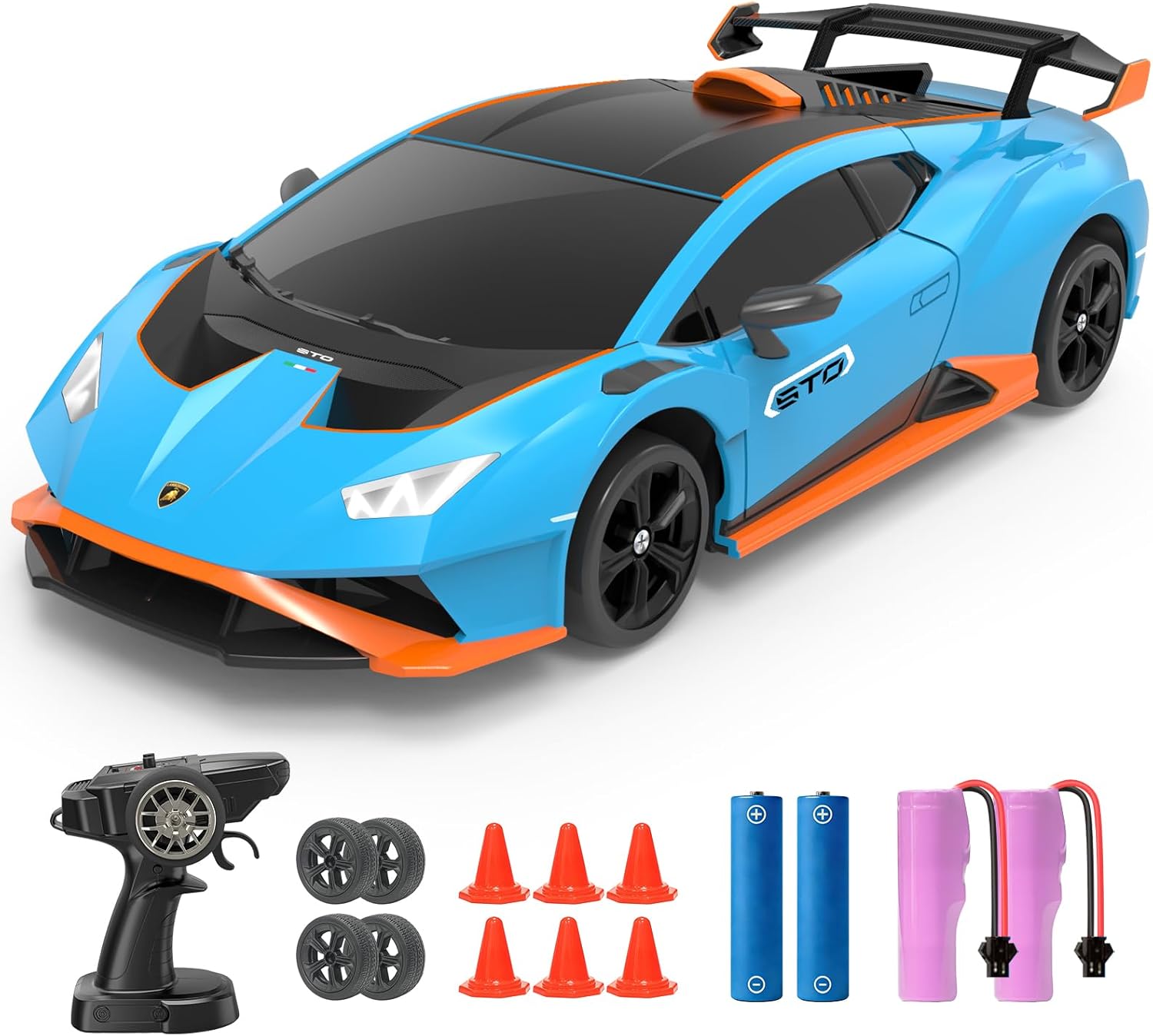 YONCHER RC Drift Car, Remote Control Car for Kids Lamborghini Officially Licensed, 1:24 20KM/H 4WD with Lights, Fast Racing Toy Car for Boys Girls, Blue