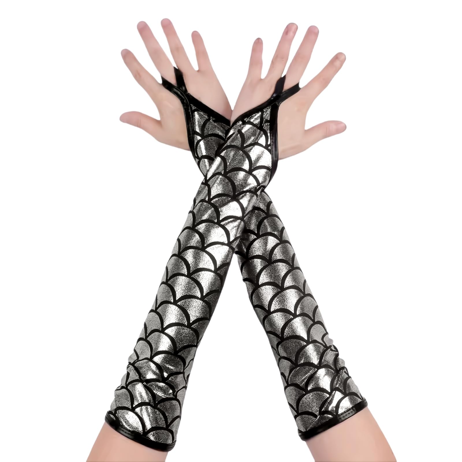 Hybursky Women Metallic Fingerless Long Gloves, Fish Scale Shiny Elbow Length Costume Gloves for Evening Party Masquerade Rave Stage Performance Cosplay Accessories Night Club Dancewear, Silver