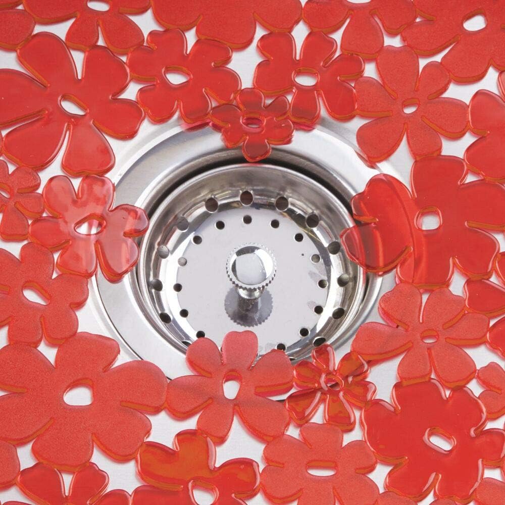 mDesign Floral Kitchen Sink Protector Mat, Sponge Holder, Drain Strainer - Set of 3, Red