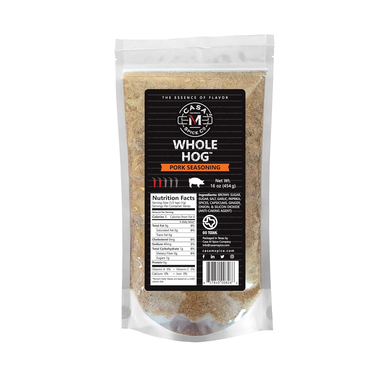 Casa M Spice Co Whole Hog Pork Seasoning • Very Low Sodium • Low Salt • No MSG • Gluten Free • BBQ Spices— 1 Pound of Gourmet Dry Rub in a Plastic Bulk Bag