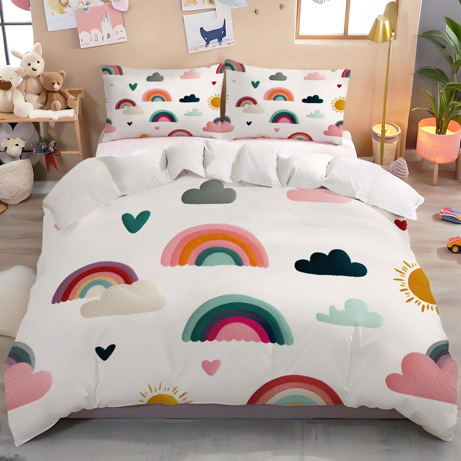 Housse de couette 220x240 arc-en-ciel et nuages avec 2 taies 65x65 cm