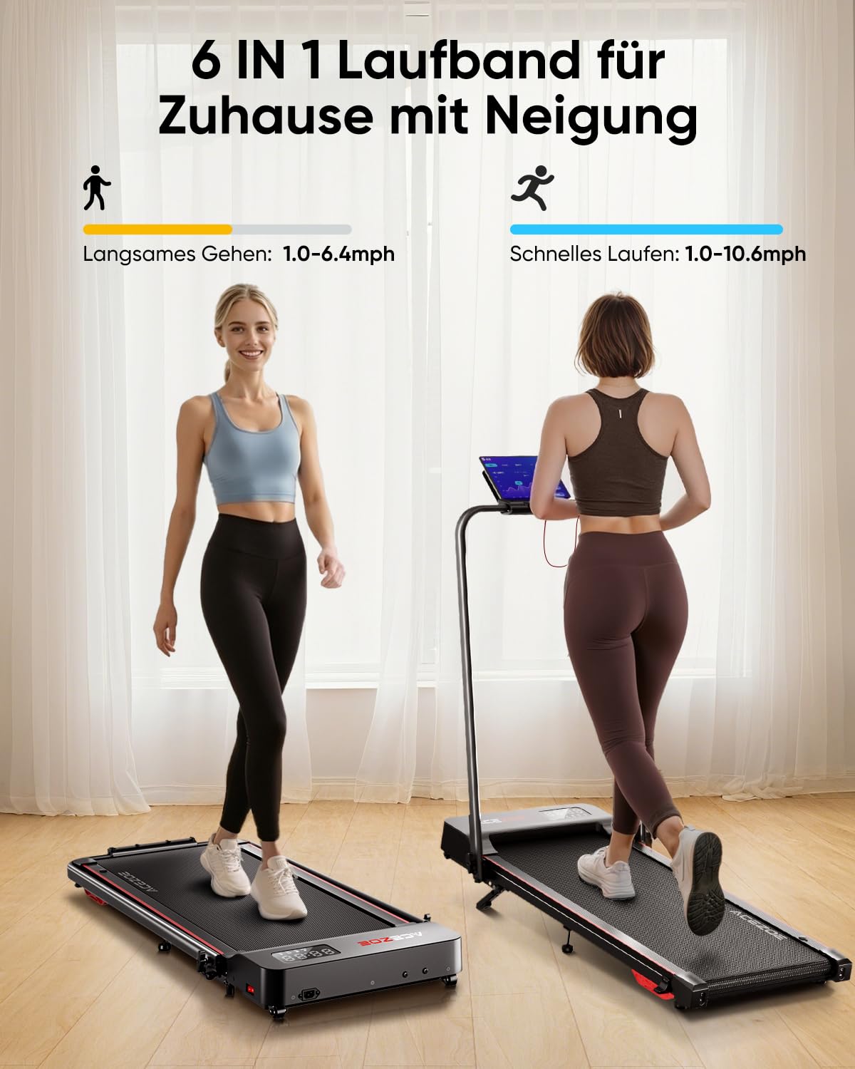 6 in 1 laufband für zuhause klappbar,Walking Pad mit Steigung 10% in 3 Stufen und Griff, Treadmill für Zuhause/Büro mit LED-Anzeige, Bis 135kg Belastbar,Fernbedienung und App,Keine Installation